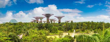 Singapur - 23 Haziran 2018: Supertree Grove Marina Bay Sands hotel yaz günü adlı yakınlarında Singapur koyda bahçelerle adlı Panoraması