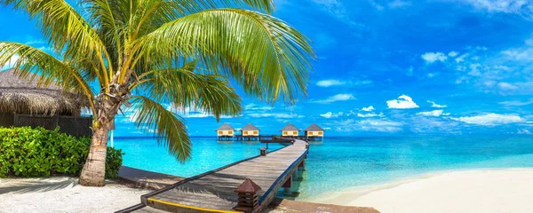 Panorama Water Villas Bungalows Wooden Bridge Tropical Beach Maldives Summer — Stock Photo, Image