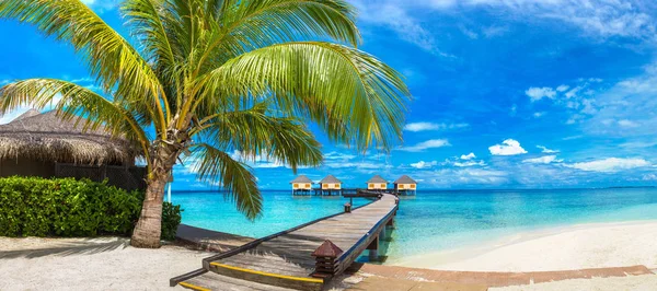 Panorama Water Villas Bungalows Wooden Bridge Tropical Beach Maldives Summer — Stock Photo, Image