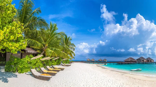 Panorama Der Hölzernen Sonnenliege Tropischen Strand Der Malediven Sommertag — Stockfoto