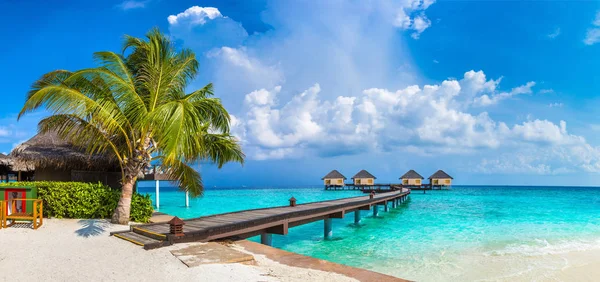 Panorama Water Villas Bungalows Wooden Bridge Tropical Beach Maldives Summer — Stock Photo, Image