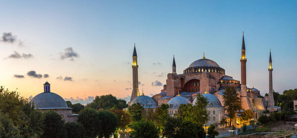 Ayasofya Museum (Hagia Sophia) in Sultan Ahmet park in Istanbul, Turkey in a beautiful summer night