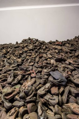 Oswiecim, Polonya - 22 Temmuz 2014: Auschwitz'de kurbanlarının botlar. Oswiecim, Polonya 22 Temmuz 2014 Avrupa'nın en büyük nazi toplama kampı oldu