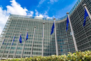Brussels, Belçika - 6 Temmuz 2014: Avrupa bayrakları yaz günü Brüksel'deki Avrupa Komisyonu Genel Merkezi önünde