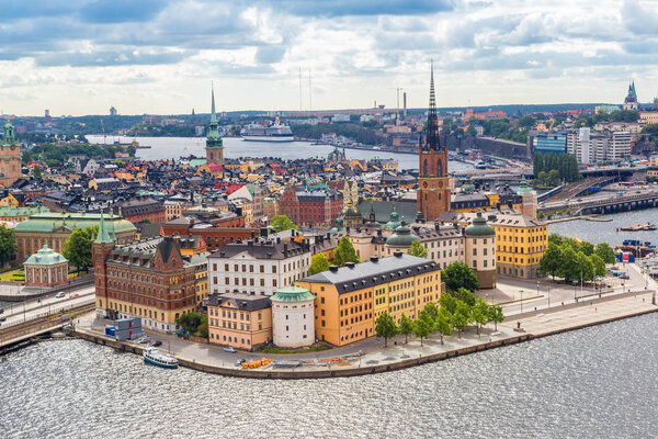 STOCKHOLM, SWEDEN - JULY 31, 2013: Scenic summer aerial panorama of the Old Town (Gamla Stan) in Stockholm, Sweden