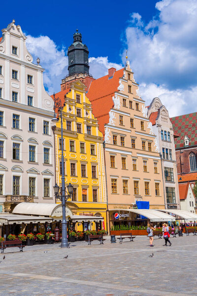 WROCLAW, POLAND - JULY 29, 2014: City center and Market Square in Wroclaw, Poland on July 29, 2014. Wroclaw old and a very beautuful city in Poland in a summer day