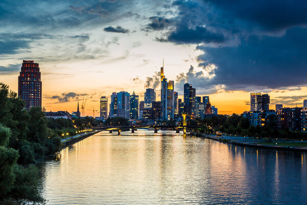 FRANKFURT, GERMANY - JULY 9, 2014: View of Frankfurt am Main skyline at sunset in Germany