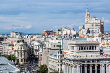 Madrid, İspanya - 11 Temmuz 2014: Hava görünümünde Madrid Plaza de Cibeles bir güzel yaz günü, İspanya