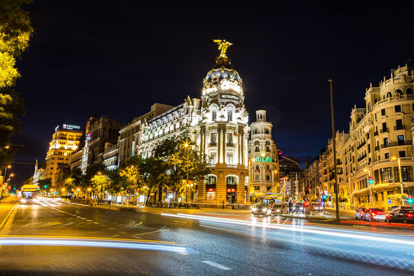 MADRID, SPAIN - JULY 11, 2014: Metropolis hotel in Madrid in a beautiful summer night on July 11, 2014 in Madrid, Spain