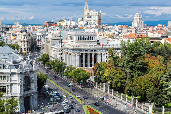 MADRID, SPAIN - JULY 11, 2014: Aerial view Plaza de Cibeles in Madrid in a beautiful summer day, Spain
