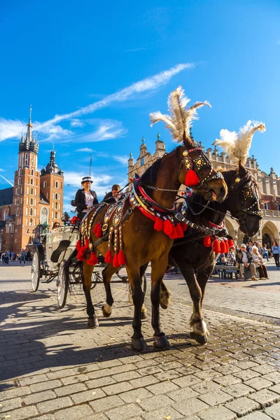 Krakow Polónia Junho 2014 Carruagens Cavalos Praça Principal Cracóvia Dia — Fotografia de Stock