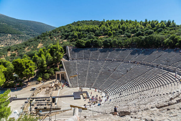 CORINTH, GREECE - JUNE 16, 2015: Ancient theater Epidaurus, Argolida, Greece in a summer day
