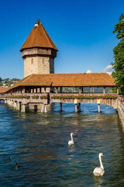 Lucerne, İsviçre - 27 Haziran 2016: Ünlü Şapel Bridge'de Lucerne bir güzel yaz günde, İsviçre