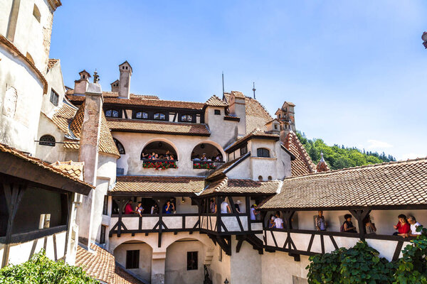 TRANSYLVANIA, ROMANIA - JUNE 15, 2015:  Bran castle in inner yard  in a summer day in Transylvania, Romania