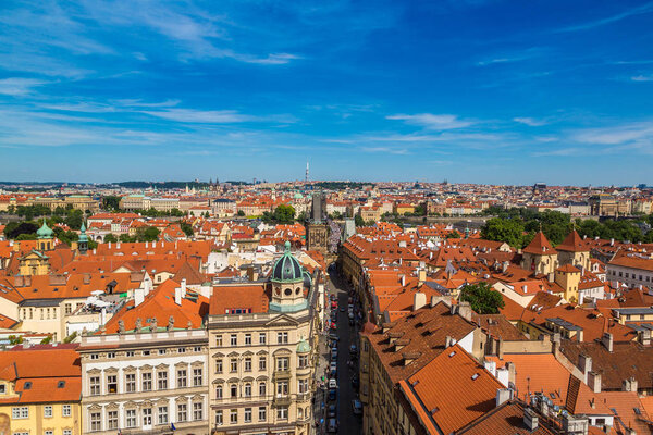 PRAGUE, CZECH REPUBLIC - JUNE 23, 2016: Panoramic aerial view of Prague in a beautiful summer day, Czech Republic