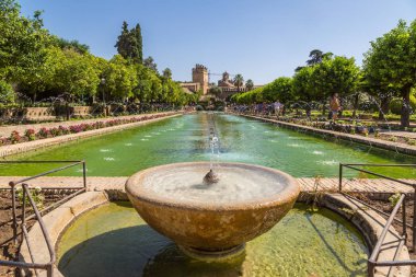 Cordoba, İspanya - 27 Haziran 2016: Çeşme Alcazar de los Reyes Cristianos Cordoba bir güzel yaz günü, İspanya ünlü bahçeleri