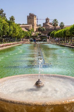 Cordoba, İspanya - 27 Haziran 2016: Çeşme Alcazar de los Reyes Cristianos Cordoba bir güzel yaz günü, İspanya ünlü bahçeleri