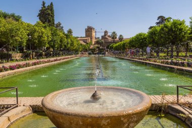 Cordoba, İspanya - 27 Haziran 2016: Çeşme Alcazar de los Reyes Cristianos Cordoba bir güzel yaz günü, İspanya ünlü bahçeleri