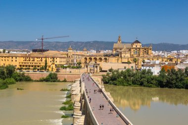 Cordoba, İspanya - 27 Haziran 2016: Ulu Cami (Endülüs Katedrali) ve Roma Köprüsü bir güzel yaz günü, İspanya Cordoba Guadalquivir Nehri üzerinde