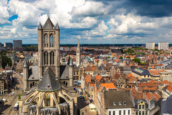 GENT, BELGIUM - JUNE 14, 2016: Panoramic view with Saint Nicholas Church in Gent in a beautiful summer day, Belgium