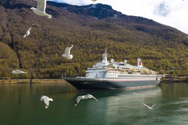 Flam, Norveç - 23 Mayıs: Güneşli bir günde 23 Mayıs 2017 yılında Norveç'te yolcu gemisi