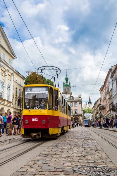 Lwów Ukraina Lipca 2014 Stary Tramwaj Jest Zabytkowym Centrum Lwowa — Zdjęcie stockowe