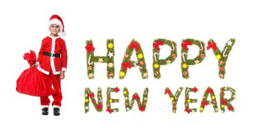 Beyaz arka plan üzerinde izole bir çuval tutan çocuk. Yeni yıl tebrik