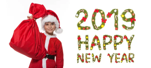 Мальчик Держит Мешок Белом Фоне Новогоднее Поздравление 2019 Года — стоковое фото