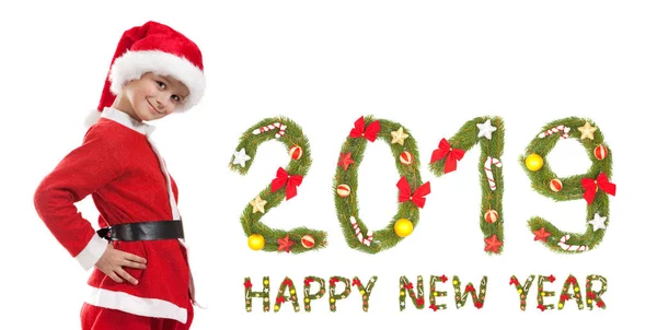 Мальчик Одетый Санта Клаус Изолирован Белом Фоне Новогоднее Поздравление 2019 — стоковое фото