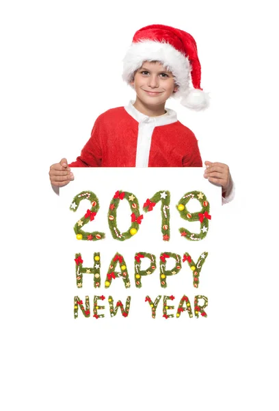 Хлопчик Тримає Плакат Ізольовано Білому Тлі 2019 Новорічне Привітання — стокове фото