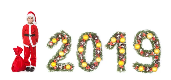Мальчик Держит Мешок Белом Фоне Новогоднее Поздравление 2019 Года — стоковое фото