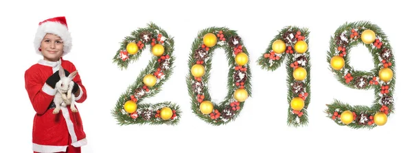 Мальчик Держит Рождественского Кролика Белом Фоне Новогоднее Поздравление 2019 Года — стоковое фото