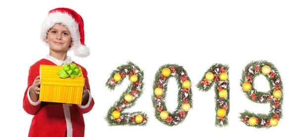 Ragazzo Con Mano Regalo Natale Isolato Sfondo Bianco Saluto Capodanno — Foto Stock