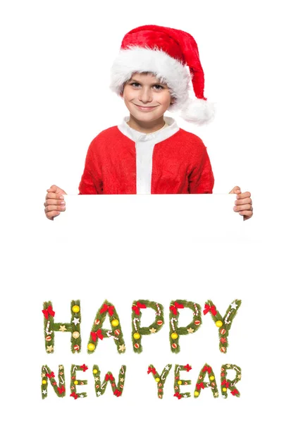 Rapaz Segurar Poster Natal Isolado Fundo Branco Saudação Ano Novo — Fotografia de Stock
