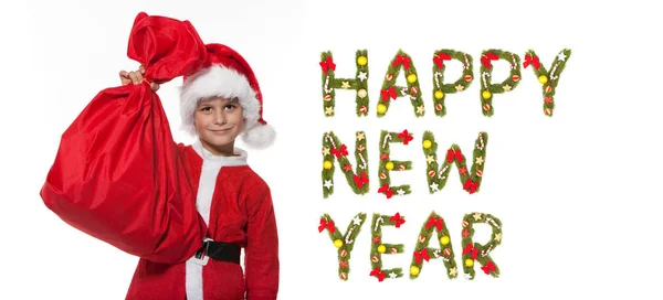 Niño Sosteniendo Saco Aislado Sobre Fondo Blanco Saludo Año Nuevo — Foto de Stock