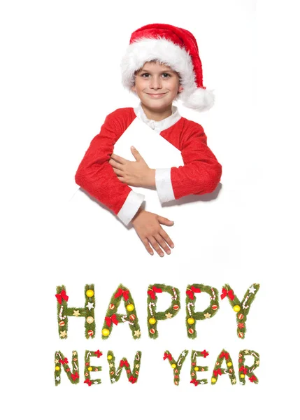 Rapaz Segurar Poster Natal Isolado Fundo Branco Saudação Ano Novo — Fotografia de Stock