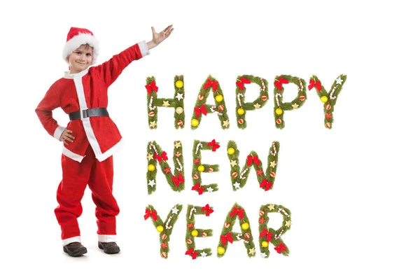 Boy Dressed Santa Claus Isolated White Background New Year Greeting — Stock Photo, Image
