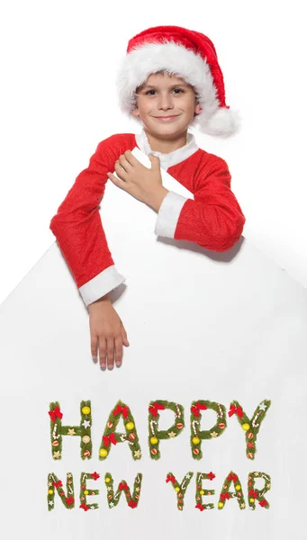 Junge Mit Einem Weihnachtsposter Auf Weißem Hintergrund Neujahrsgruß — Stockfoto