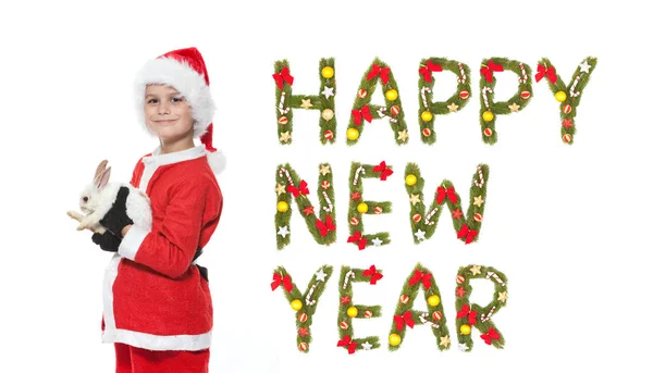 Junge Mit Einem Weihnachtskaninchen Auf Weißem Hintergrund Neujahrsgruß 2019 — Stockfoto