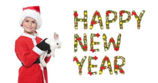 Niño Sosteniendo Conejo Navidad Aislado Sobre Fondo Blanco Saludo Año — Foto de Stock