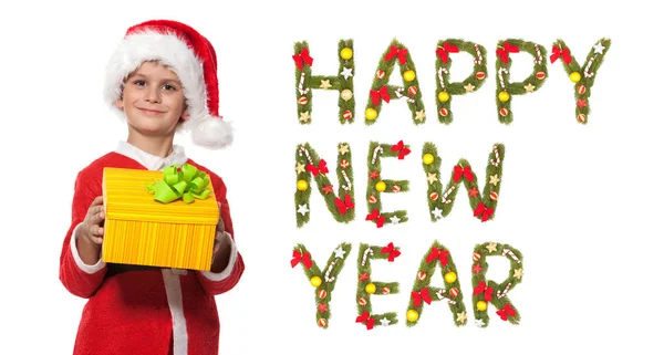 Chlapec Dárek Vánoční Krabice Izolovaných Bílém Pozadí 2019 Novoroční Pozdrav — Stock fotografie