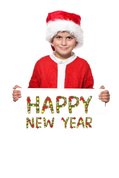 Мальчик Держит Рождественский Плакат Белом Фоне Новогоднее Поздравление — стоковое фото