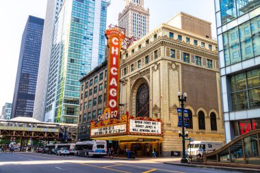 Chicago, ABD - 29 Mart 2020 Şikago Tiyatrosu tabelası, ABD