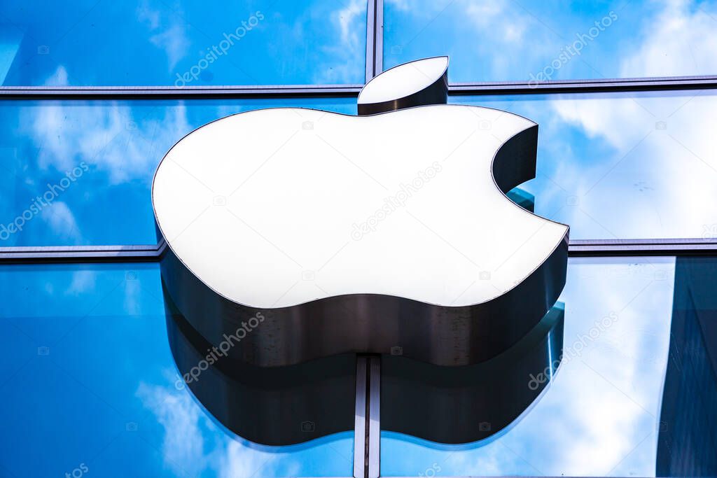 NEW YORK CITY, USA - MARCH 15, 2020: Apple store logo at Apple Fifth Avenue in New York City, NY, USA