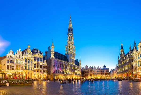 Panorama The Grand Place in Brussels in a beautiful summer nigth, Belgium