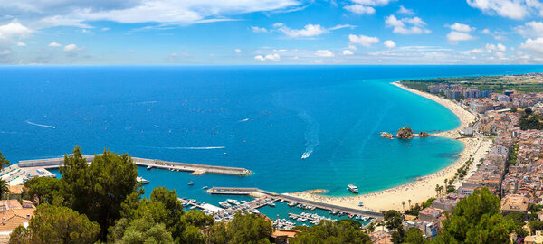 Panoramic aerial view of Blanes in Costa Brava in a beautiful summer day, Spain