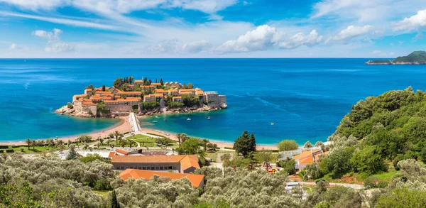 Panorama Ilha Sveti Stefan Budva Belo Dia Verão Montenegro — Fotografia de Stock