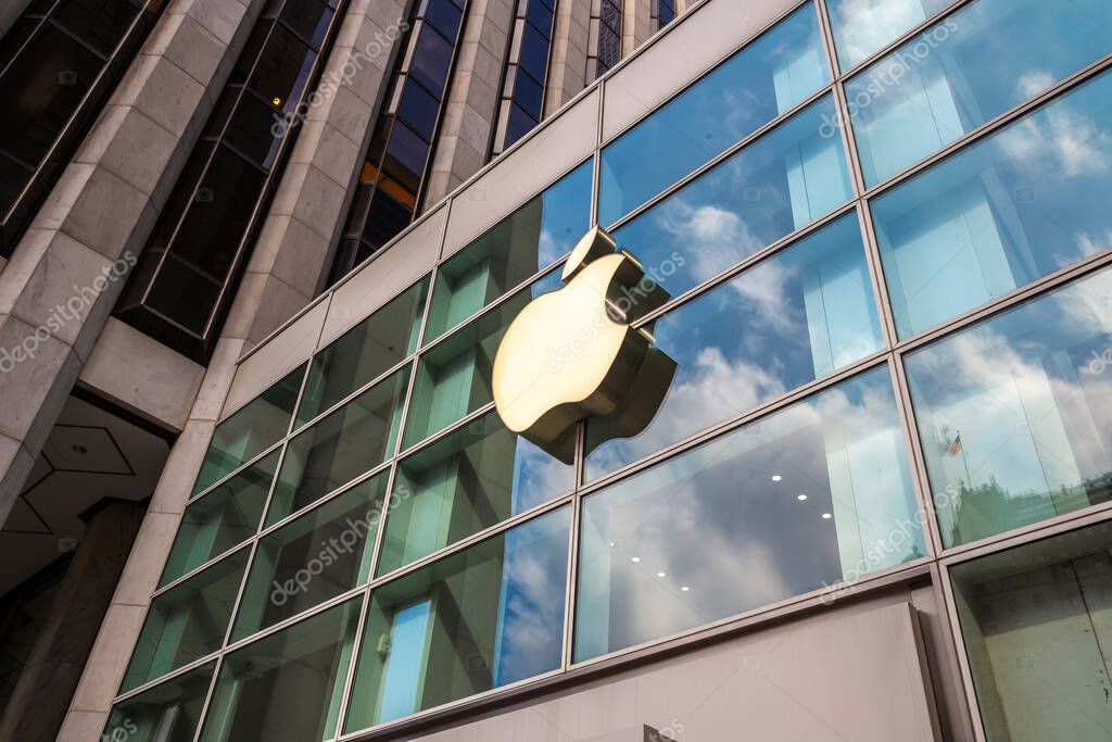 NEW YORK CITY, USA - MARCH 15, 2020: Apple store logo at Apple Fifth Avenue in New York City, NY, USA