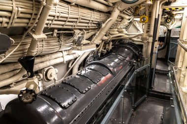 NEW YORK CITY, ABD - 29 Mart 2020: Denizaltı USS Growler New York City Intrepid Sea, Air and Space Museum Complex, New York, ABD