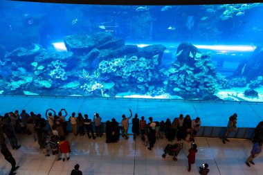 DUBAI, BAE - 5 Nisan 2020: Dubai AVM 'deki dev akvaryum - Dubai' deki dünyanın en büyük alışveriş merkezi, Birleşik Arap Emirlikleri